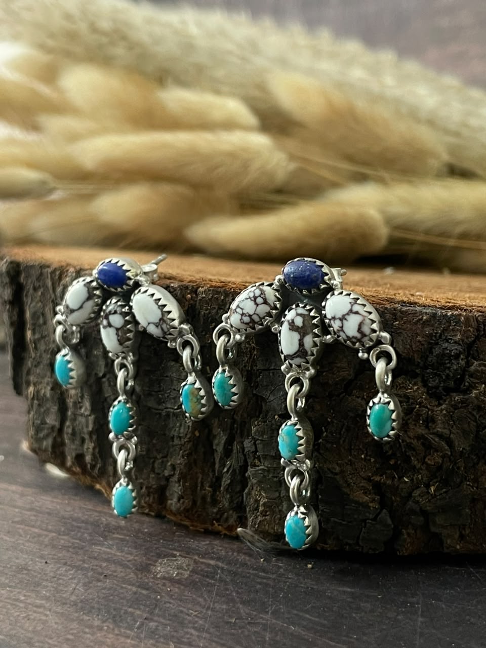 Handmade Sterling Silver Lapis with Wildhorse Magnesite and Kingman Turquoise Post Dangle Earrings Signed Nizhoni