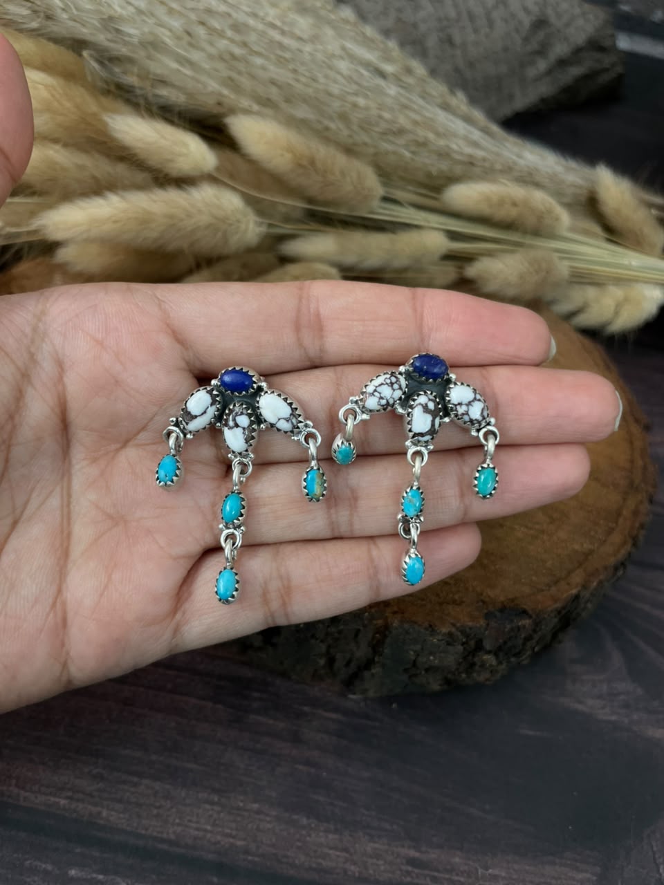 Handmade Sterling Silver Lapis with Wildhorse Magnesite and Kingman Turquoise Post Dangle Earrings Signed Nizhoni