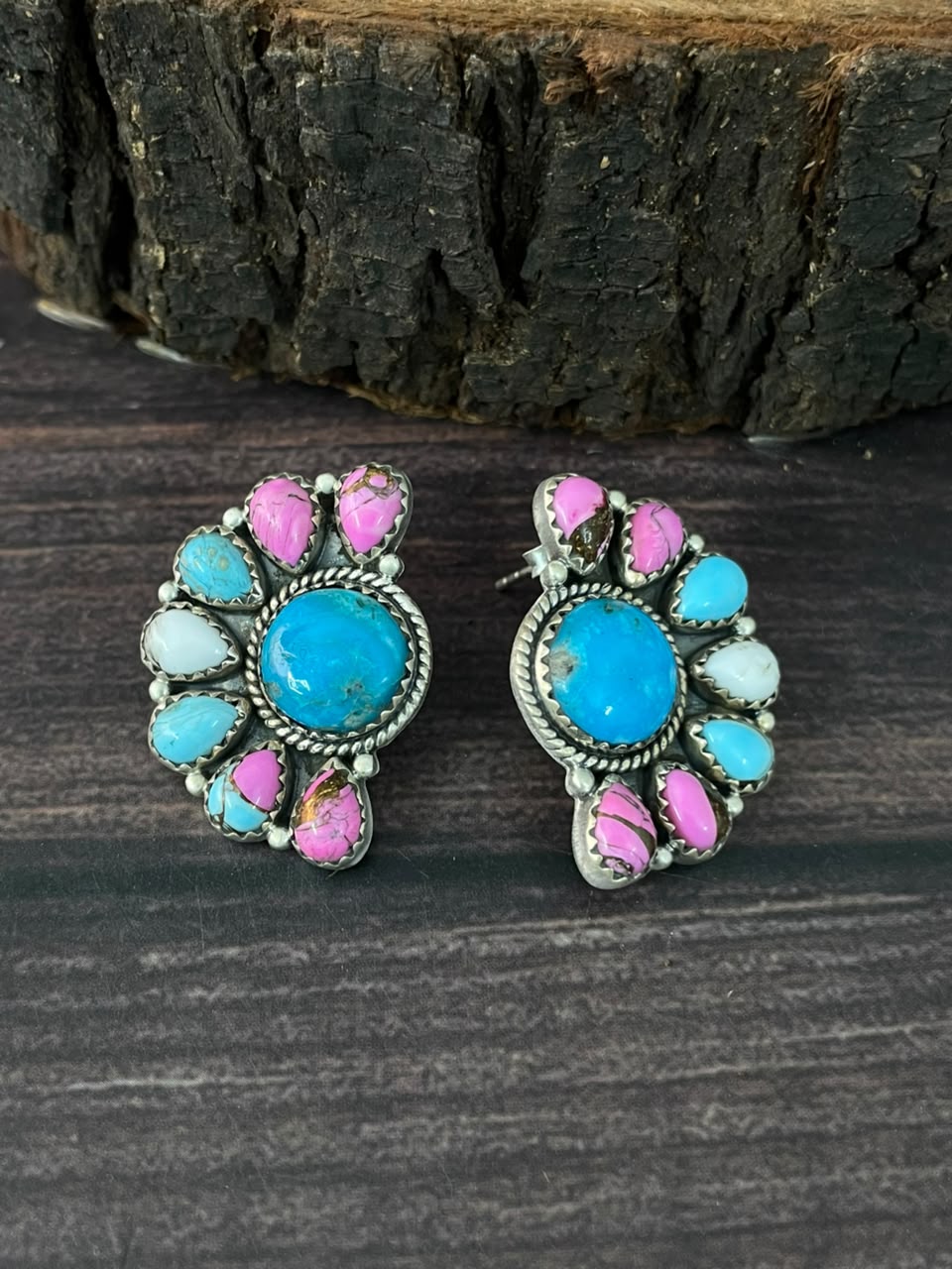 Handmade Sterling Silver Blue Kingman Turquoise with Cotton Candy Post Studs Earrings Signed Nizhoni