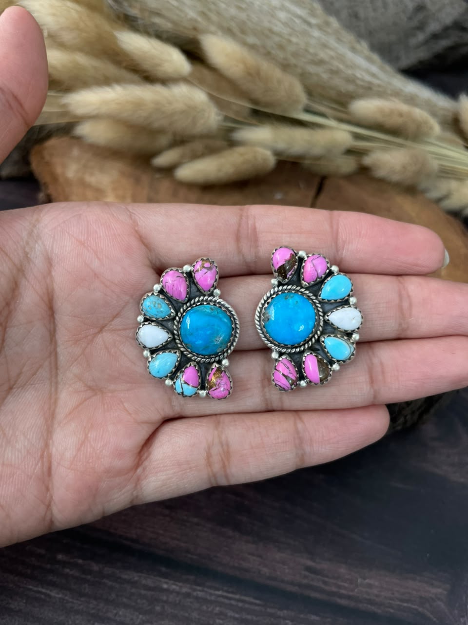 Handmade Sterling Silver Blue Kingman Turquoise with Cotton Candy Post Studs Earrings Signed Nizhoni