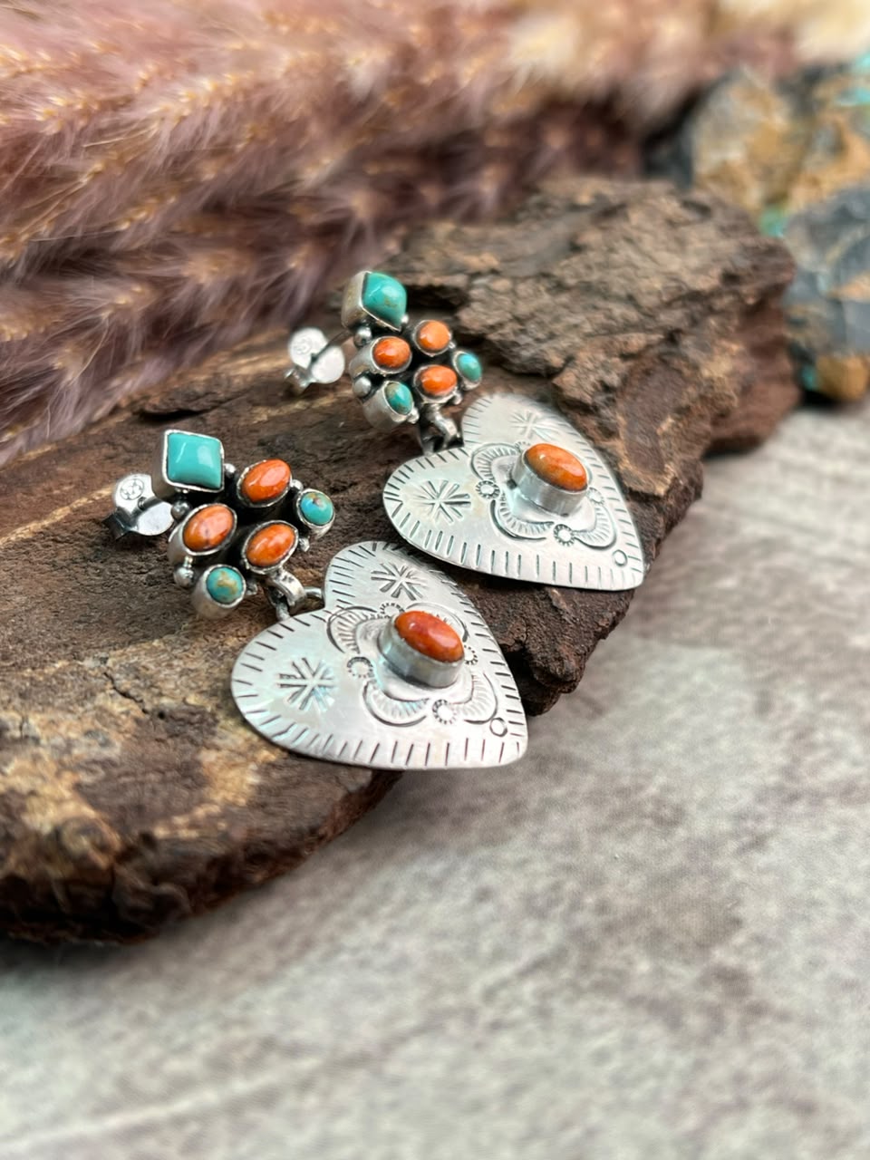 Handmade Sterling Silver Kingman Turquoise with Orange Mojave Post Dangle Heart Earrings Signed Nizhoni