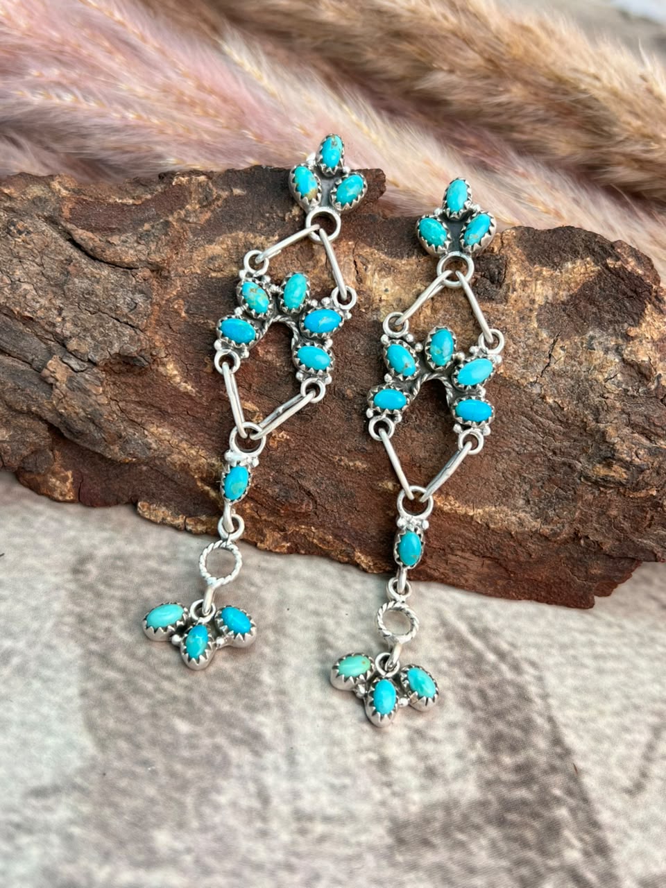 Handmade Sterling Silver Kingman Turquoise Post Dangle Earrings Signed Nizhoni