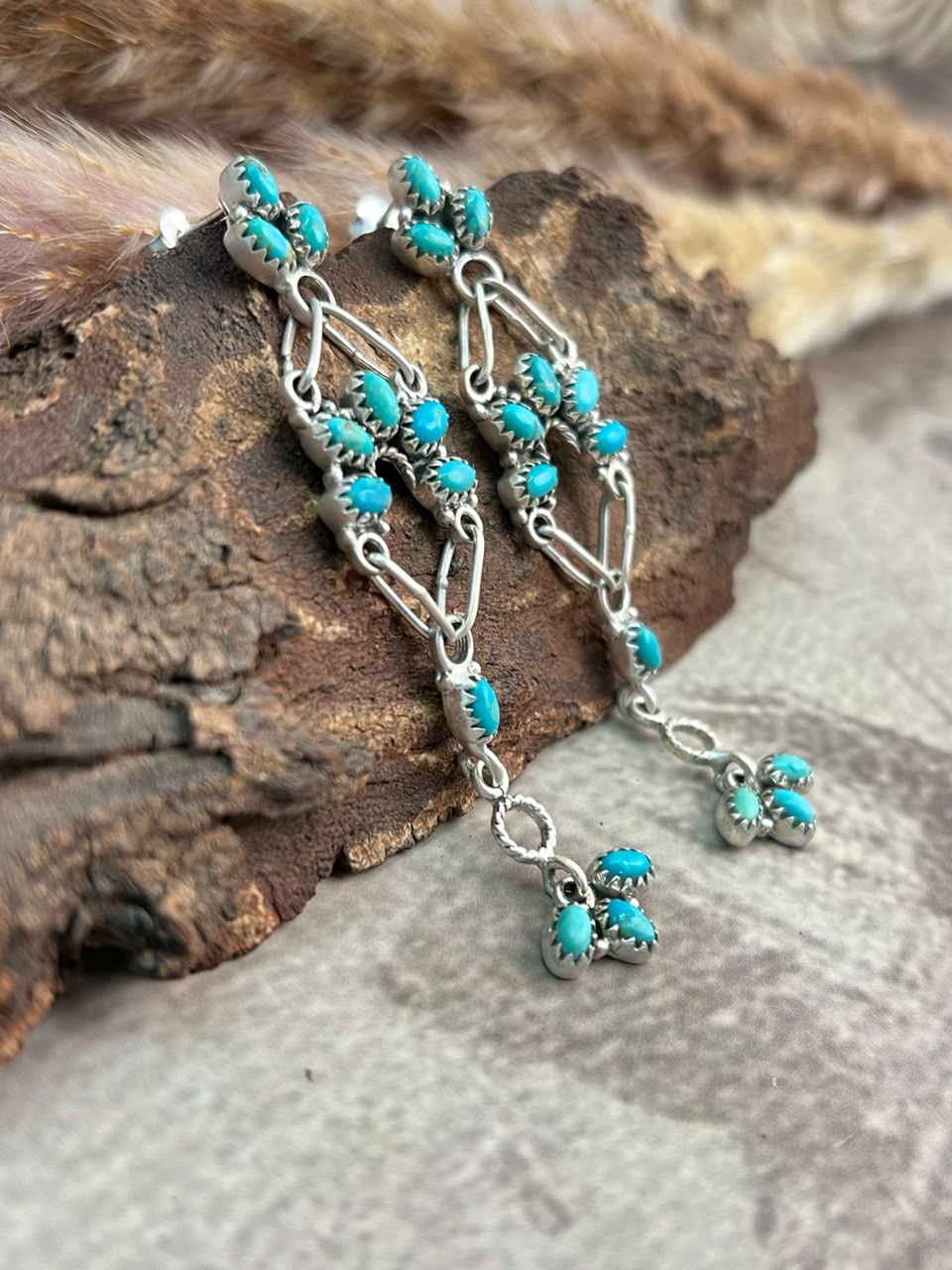 Handmade Sterling Silver Kingman Turquoise Post Dangle Earrings Signed Nizhoni