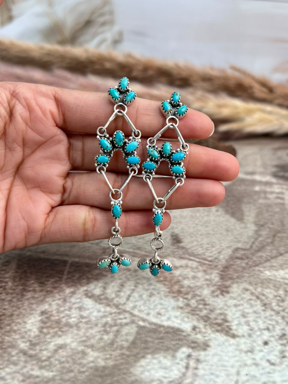 Handmade Sterling Silver Kingman Turquoise Post Dangle Earrings Signed Nizhoni