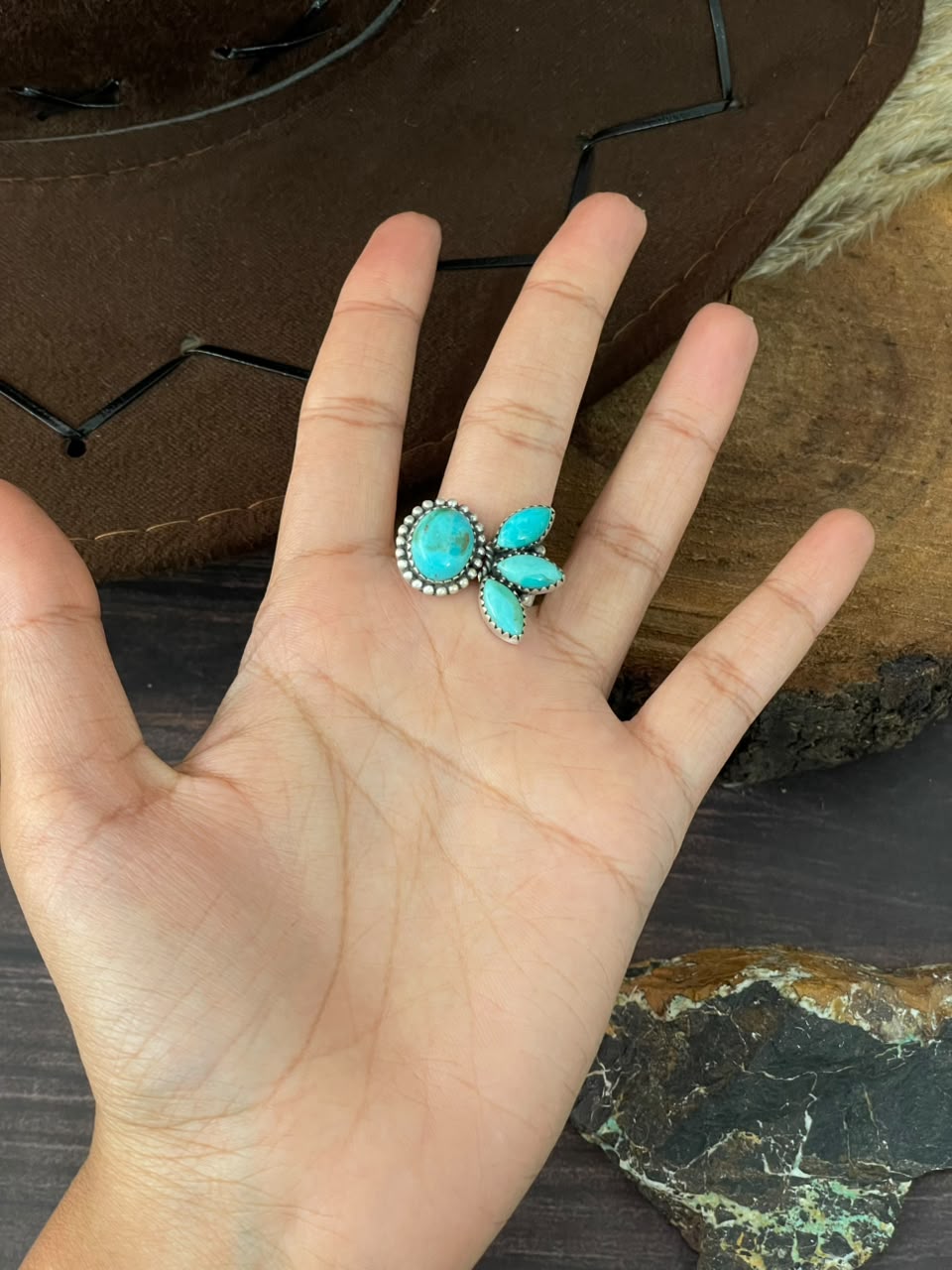 Handmade Sterling Silver Kingman Turquoise Adjustable Ring Signed Nizhoni