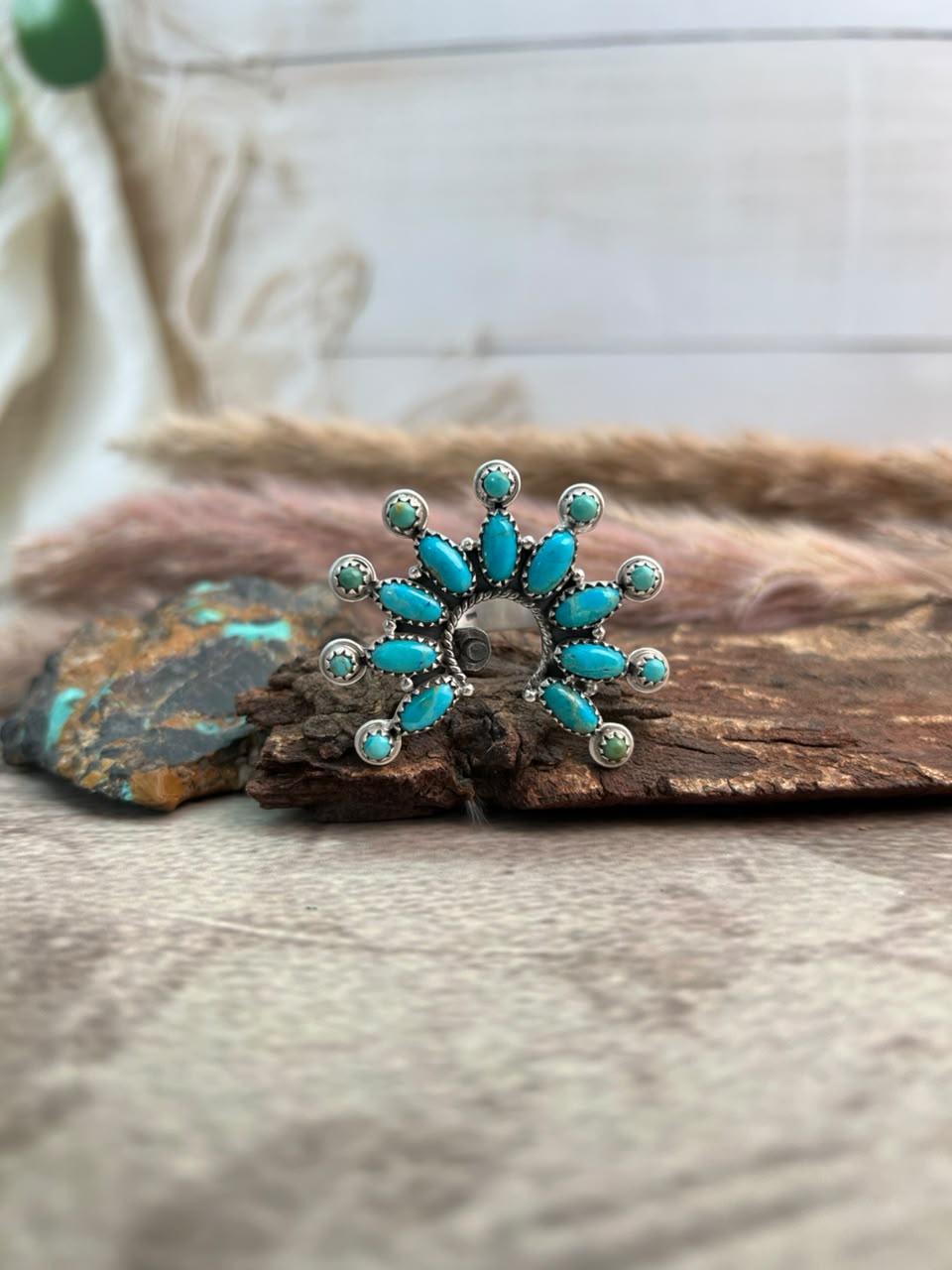 Handmade Sterling Silver Kingman Turquoise Naja Adjustable Ring Signed Nizhoni