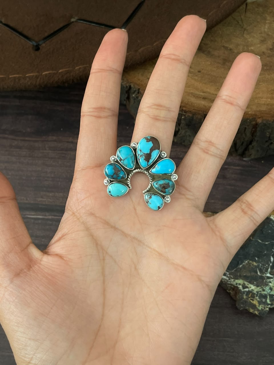 Handmade Sterling Silver Egyptian Turquoise Collection: Adjustable Naja Ring Signed Nizhoni