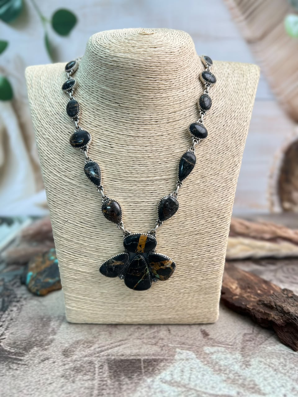 Handmade Sterling Silver Blackjack Turquoise Necklace Signed Nizhoni