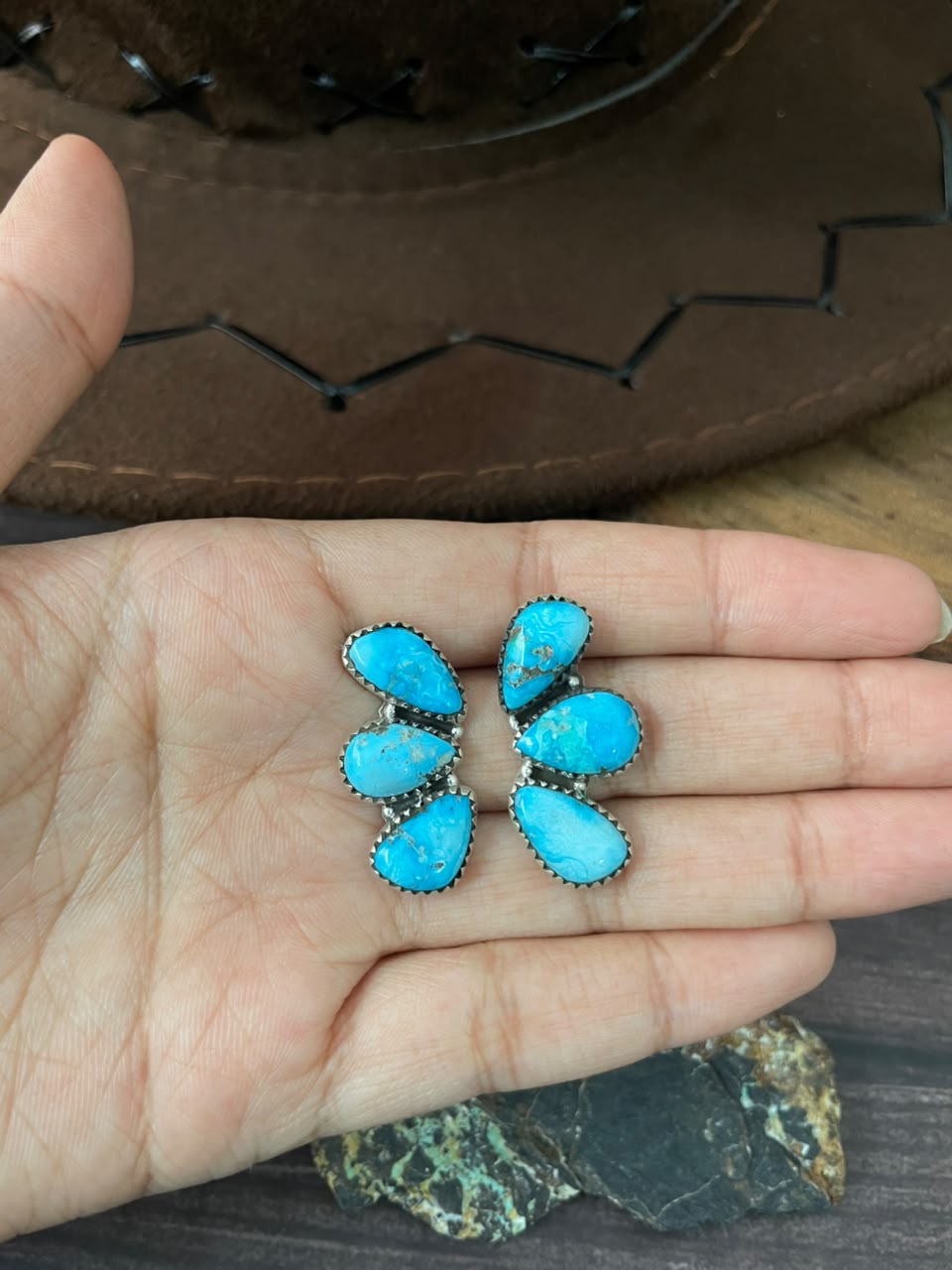 Handmade Sterling Silver Sierra Bella Turquoise Post Studs Earrings Signed Nizhoni