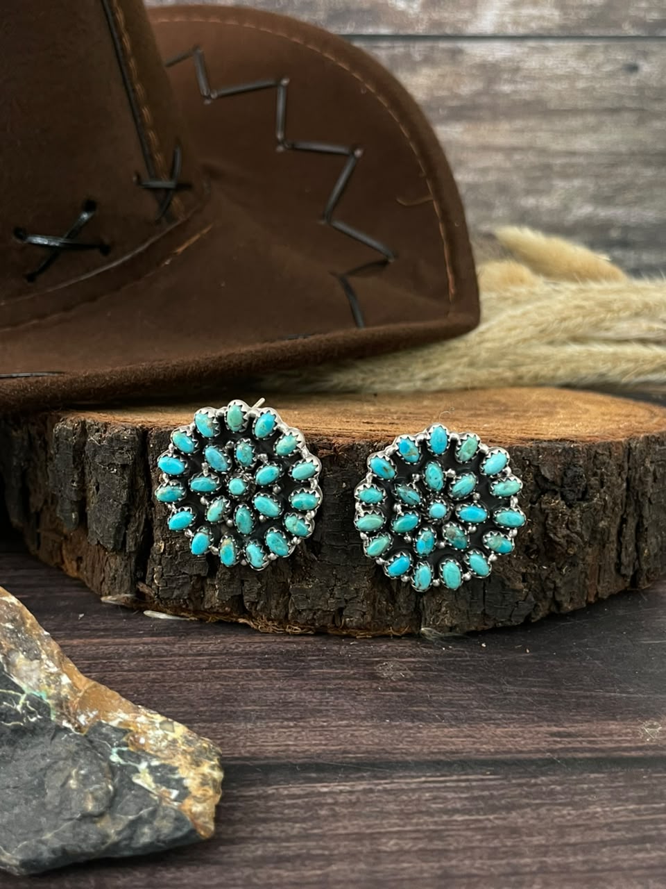 Handmade Sterling Silver Kingman Turquoise Post Studs Earrings Signed Nizhoni