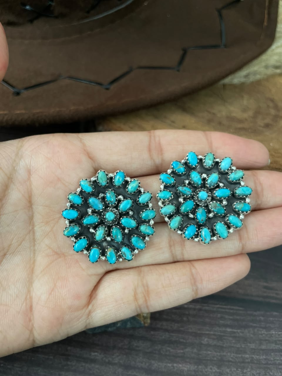 Handmade Sterling Silver Kingman Turquoise Post Studs Earrings Signed Nizhoni