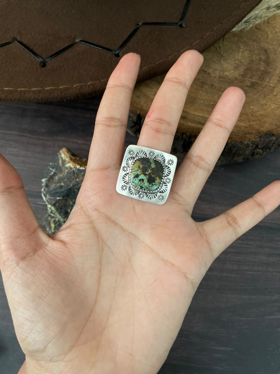Handmade Sterling Silver Blackjack Turquoise Adjustable Ring Signed Nizhoni