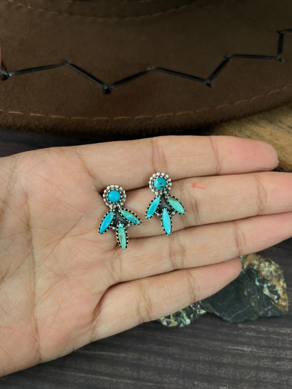 Handmade Sterling Silver Kingman Turquoise Post Studs Earrings Signed Nizhoni