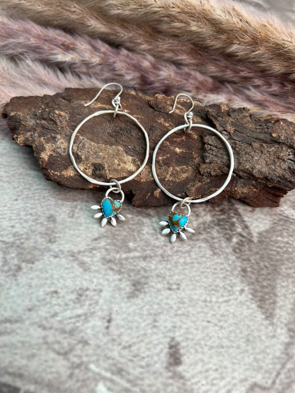 Handmade Sterling Silver Kingman Turquoise Hoops Earrings Signed Nizhoni