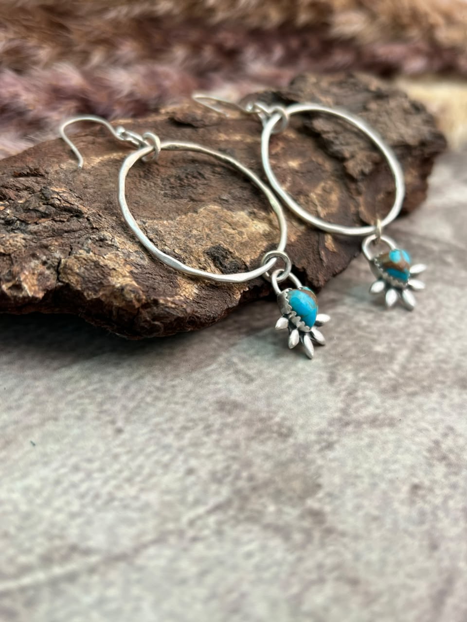 Handmade Sterling Silver Kingman Turquoise Hoops Earrings Signed Nizhoni