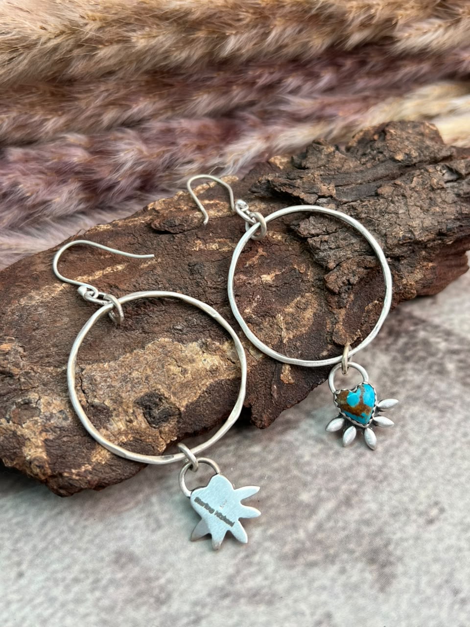Handmade Sterling Silver Kingman Turquoise Hoops Earrings Signed Nizhoni