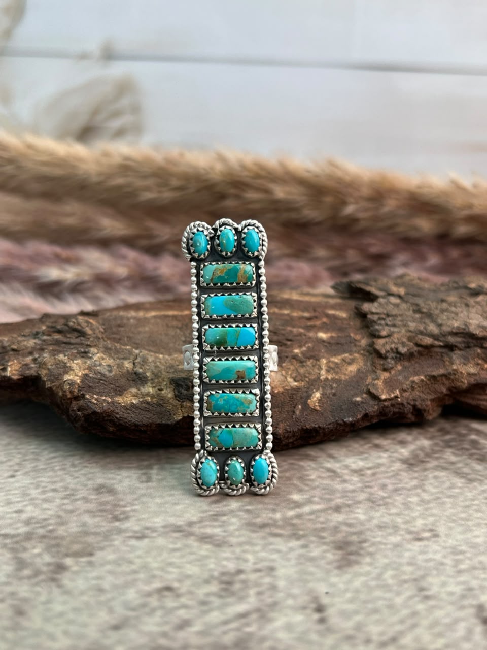 Handmade Sterling Silver Kingman Turquoise Adjustable Bar Ring Signed Nizhoni