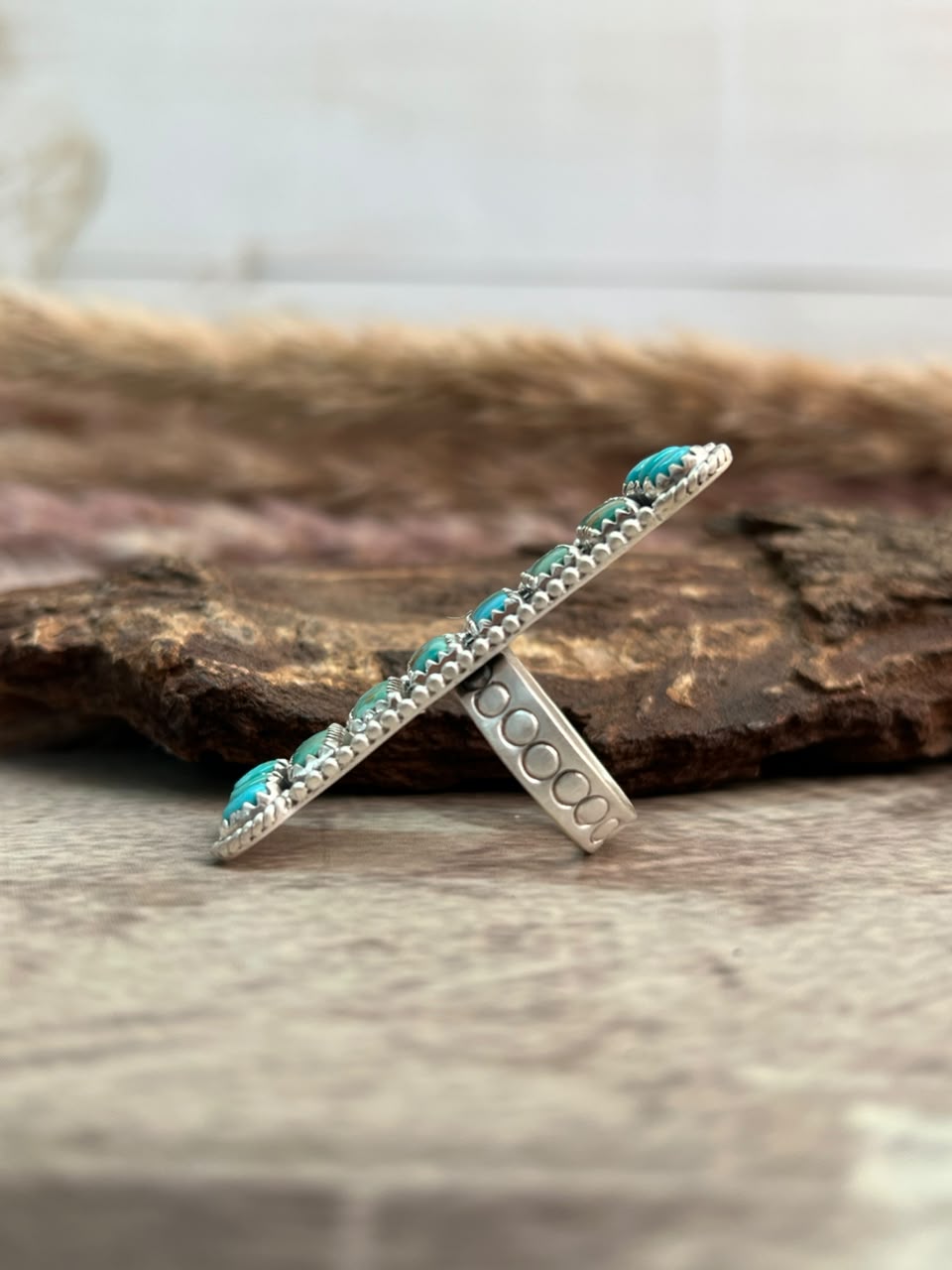 Handmade Sterling Silver Kingman Turquoise Adjustable Bar Ring Signed Nizhoni