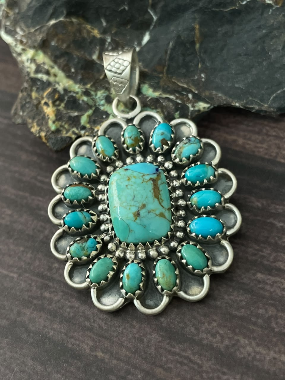 Handmade Sterling Silver Kingman Turquoise Pendant Signed Nizhoni