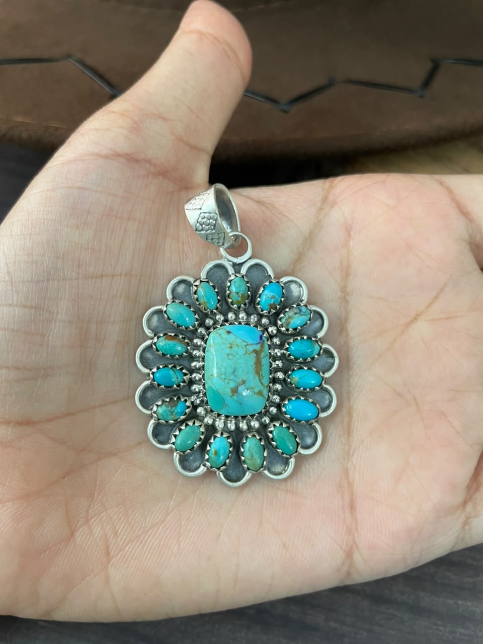 Handmade Sterling Silver Kingman Turquoise Pendant Signed Nizhoni