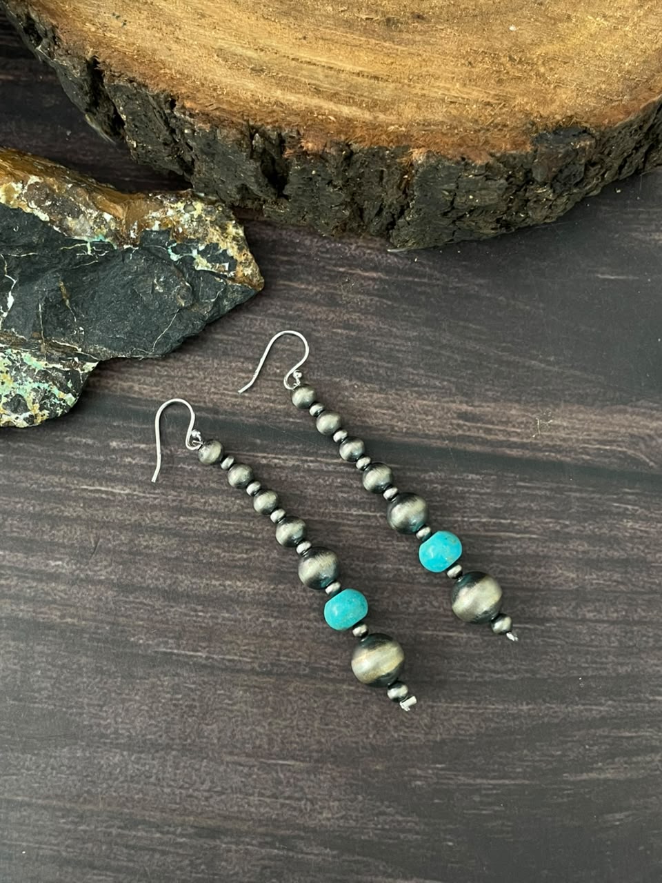 Handmade Sterling Silver Kingman Turquoise Hook Dangle Beaded Earrings