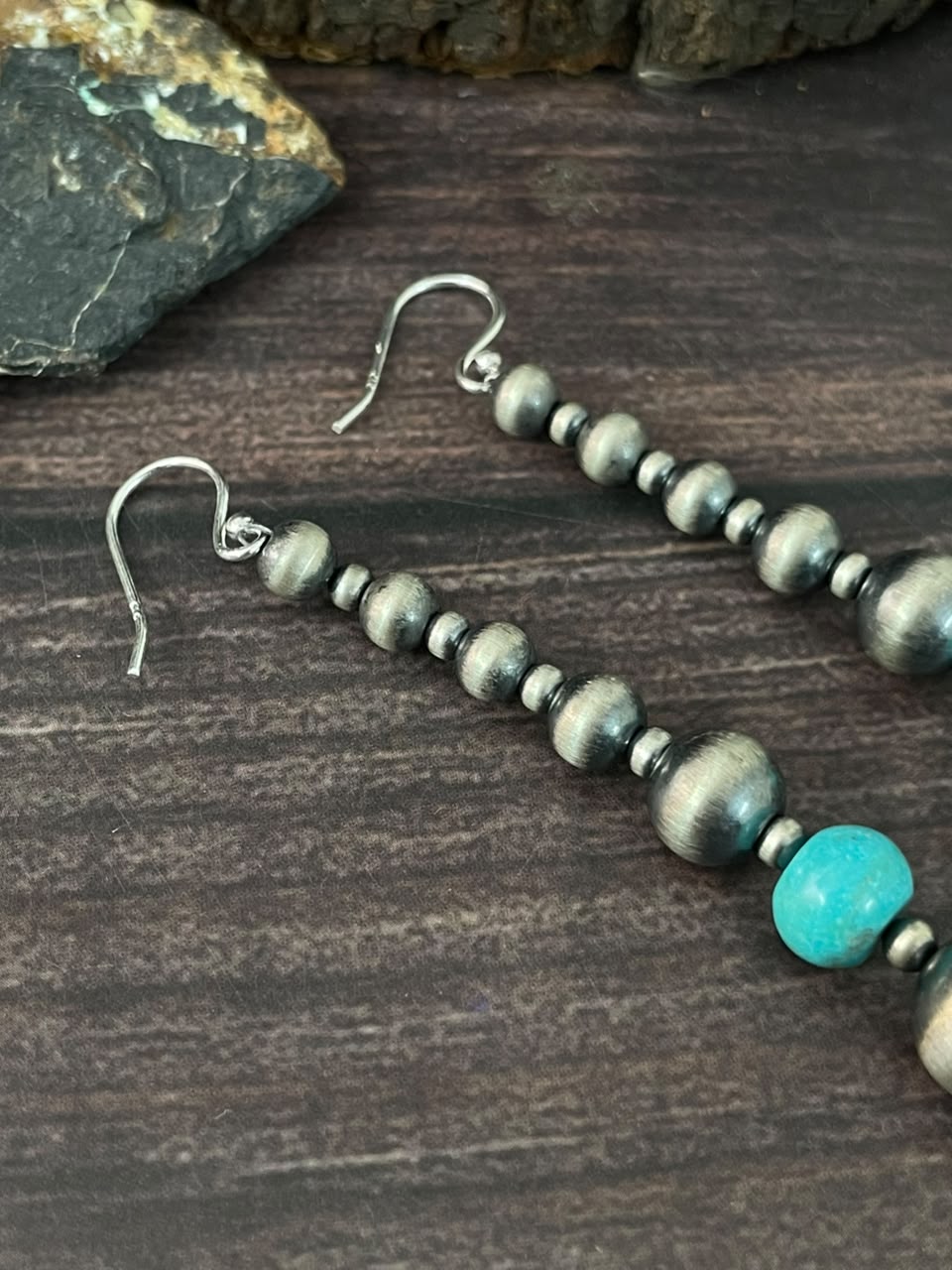 Handmade Sterling Silver Kingman Turquoise Hook Dangle Beaded Earrings