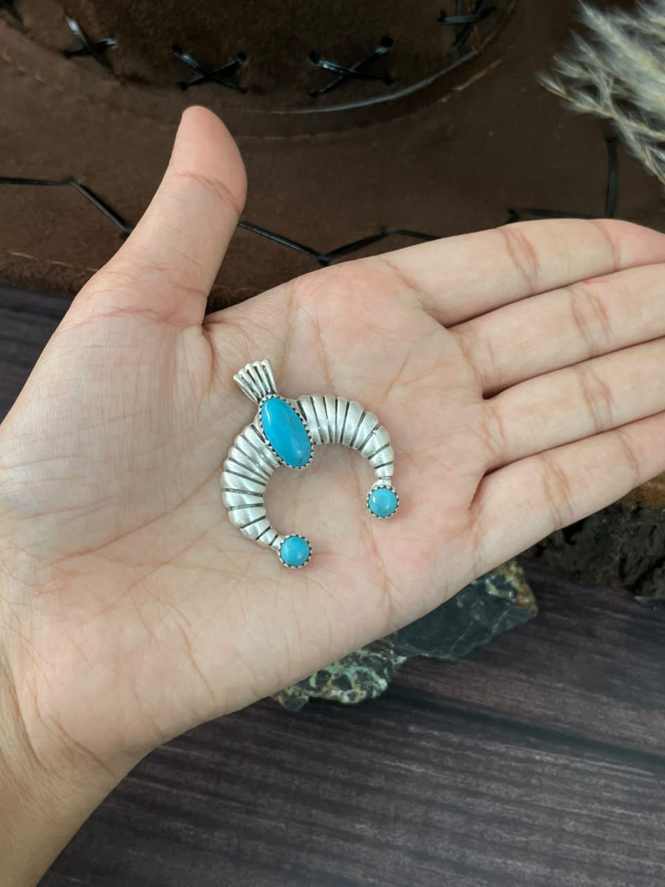 Handmade Sterling Silver Kingman Turquoise Naja Pendant Signed Nizhoni (7)