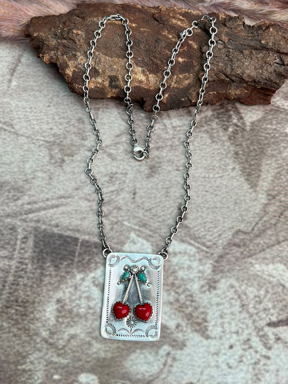 Handmade Sterling Silver Kingman Turquoise with Rosarita Cherry Necklace Signed Nizhoni (4)