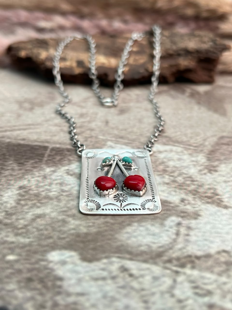 Handmade Sterling Silver Kingman Turquoise with Rosarita Cherry Necklace Signed Nizhoni (4)