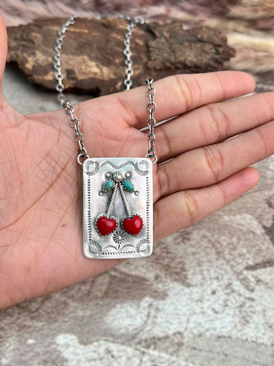 Handmade Sterling Silver Kingman Turquoise with Rosarita Cherry Necklace Signed Nizhoni (4)