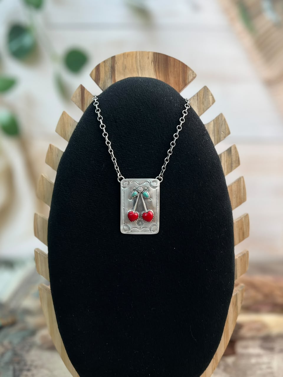 Handmade Sterling Silver Kingman Turquoise with Rosarita Cherry Necklace Signed Nizhoni (4)