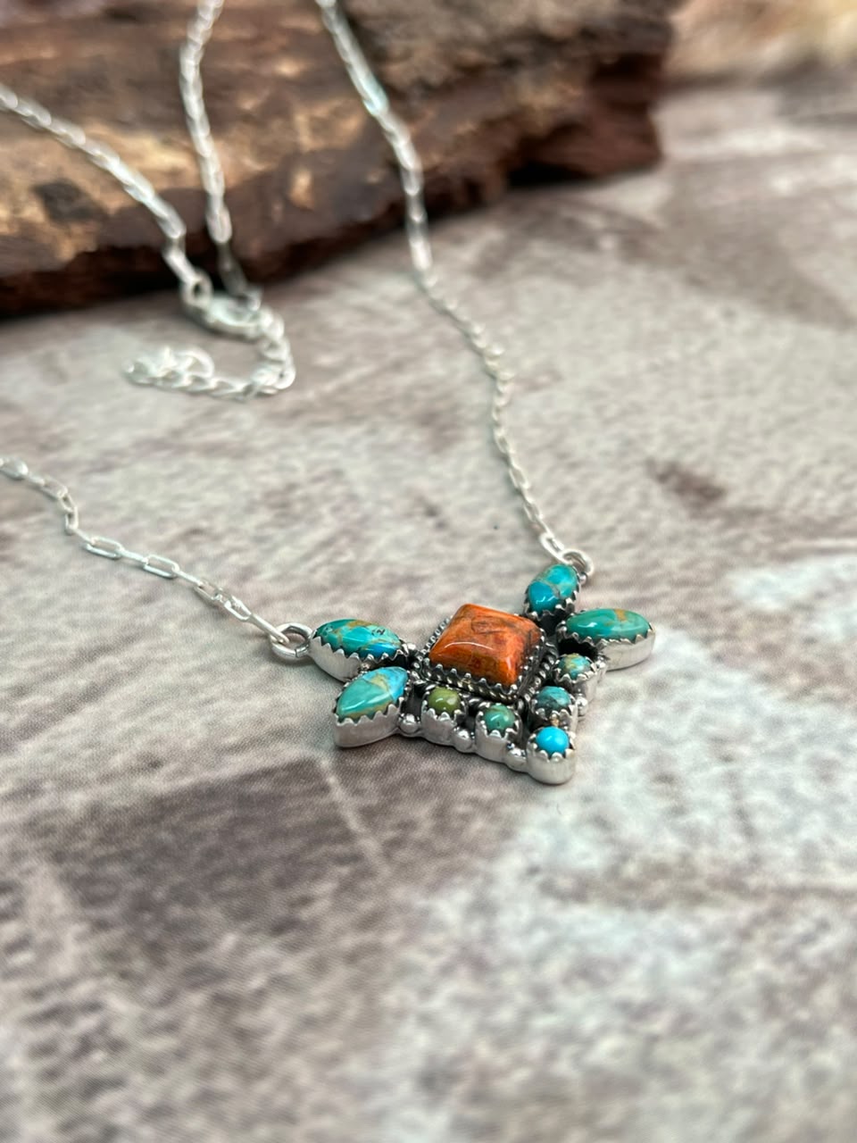 Handmade Sterling Silver Kingman Turquoise with Orange Mojave Necklace Signed Nizhoni