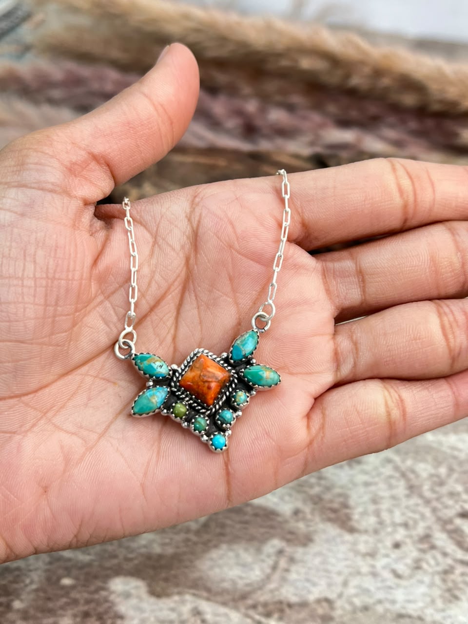 Handmade Sterling Silver Kingman Turquoise with Orange Mojave Necklace Signed Nizhoni