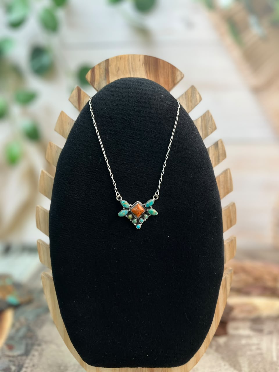 Handmade Sterling Silver Kingman Turquoise with Orange Mojave Necklace Signed Nizhoni