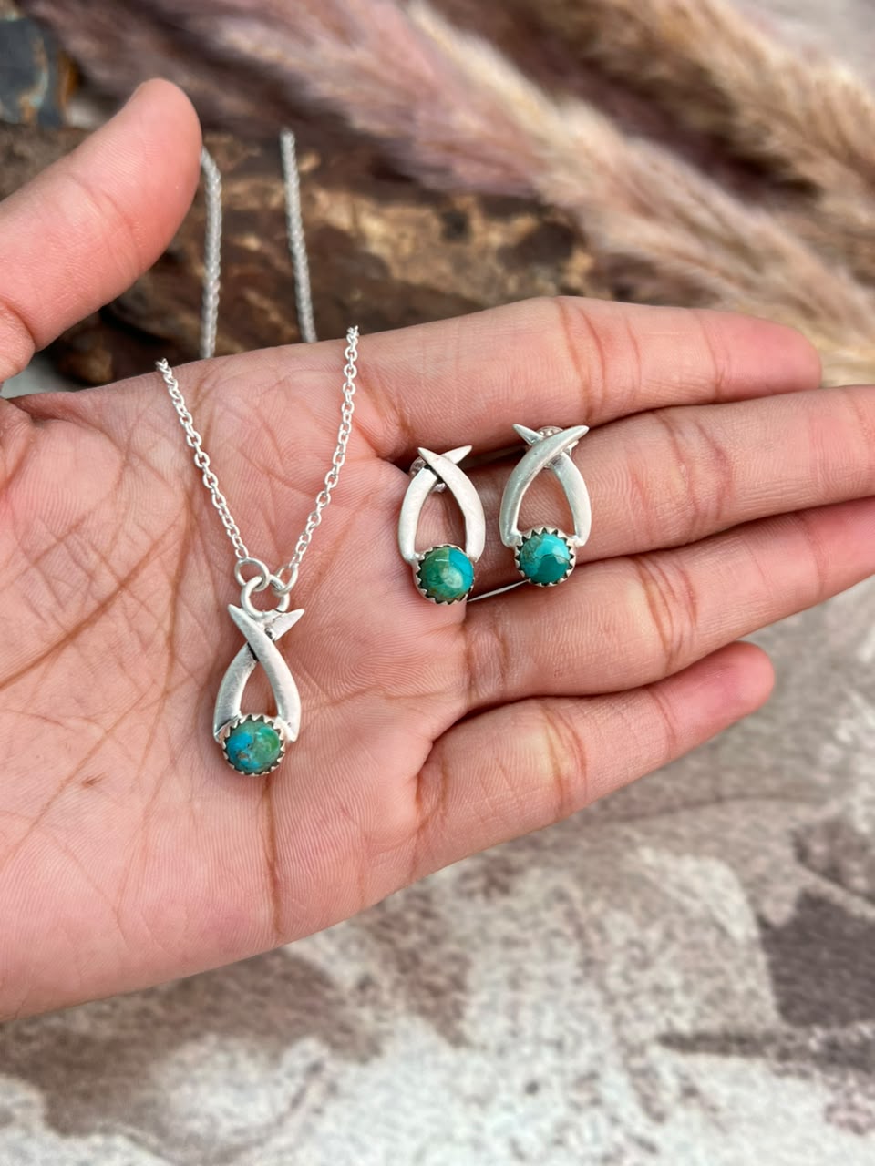 Handmade Sterling Silver Kingman Turquoise Necklace and Earrings Set Signed Nizhoni
