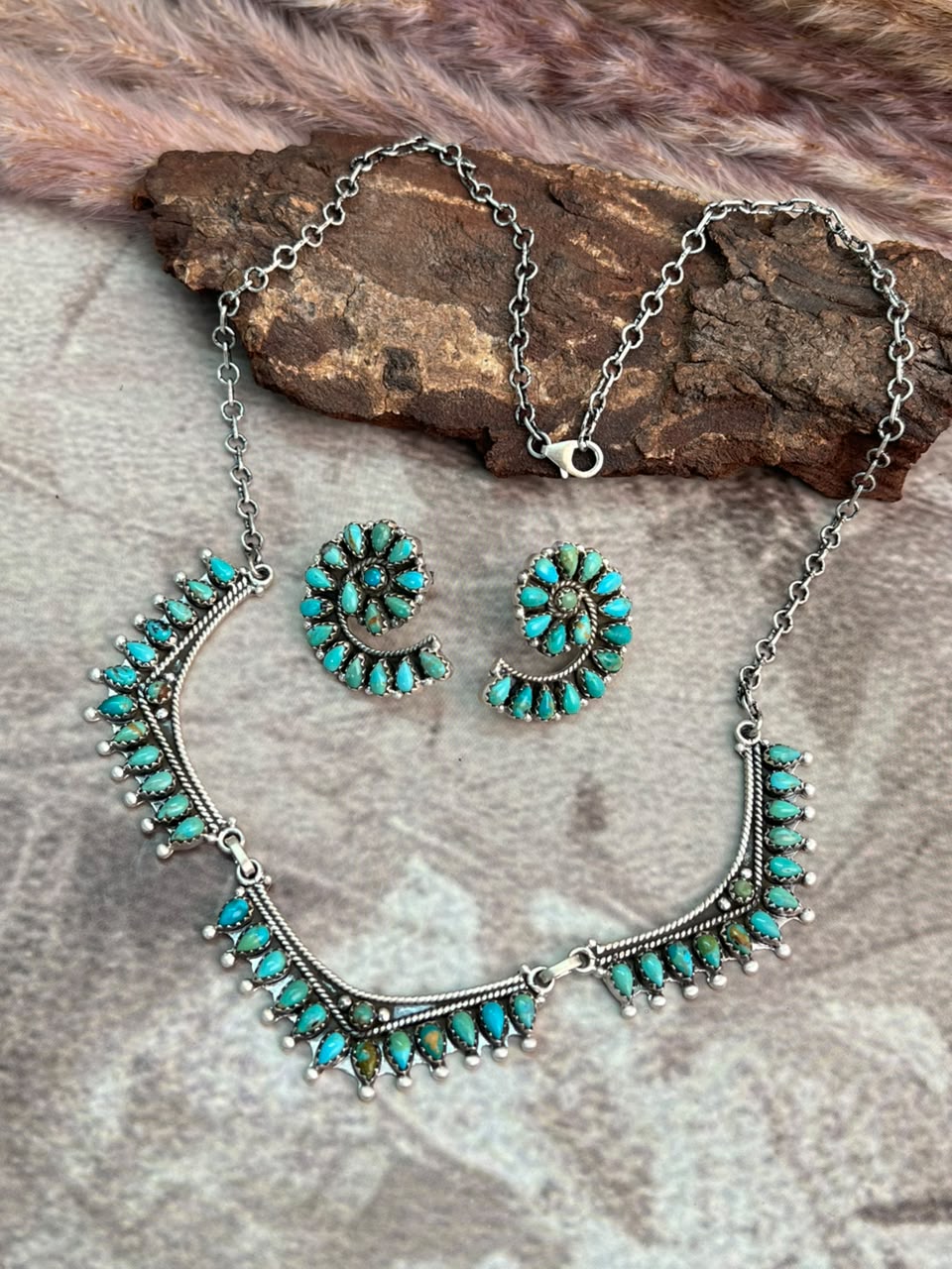 Handmade Sterling Silver Kingman Turquoise Necklace and Earrings Set Signed Nizhoni