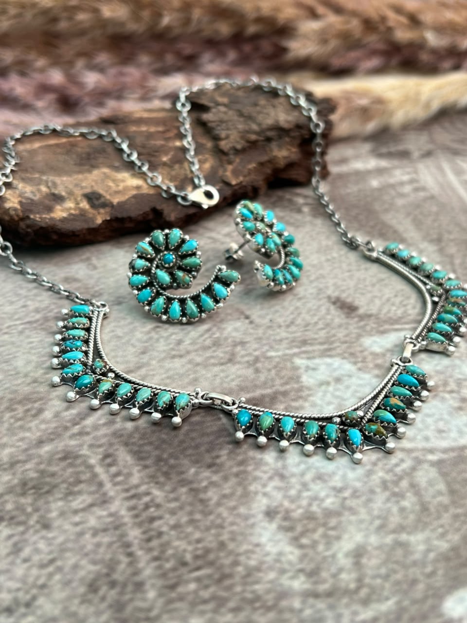 Handmade Sterling Silver Kingman Turquoise Necklace and Earrings Set Signed Nizhoni