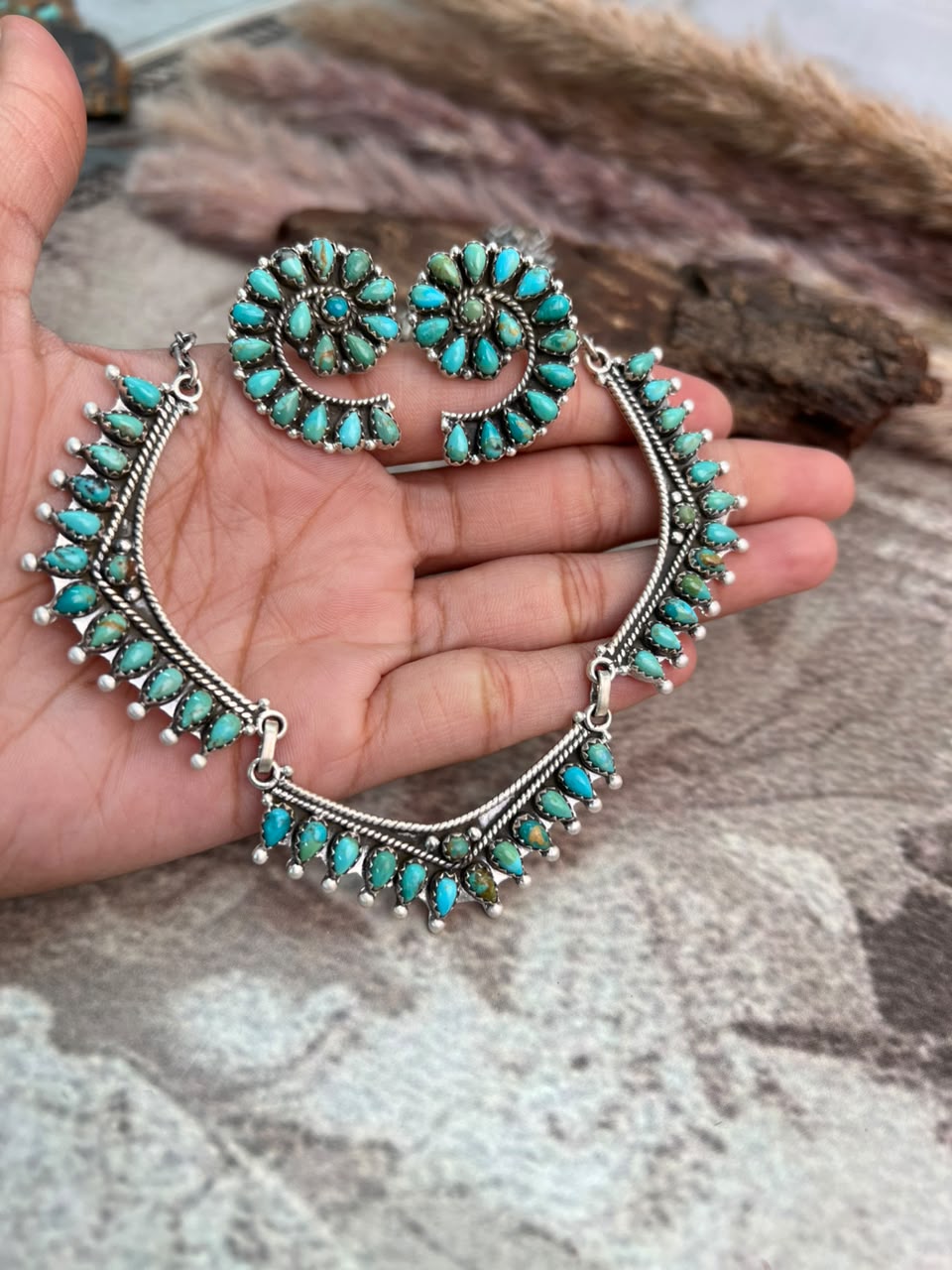 Handmade Sterling Silver Kingman Turquoise Necklace and Earrings Set Signed Nizhoni
