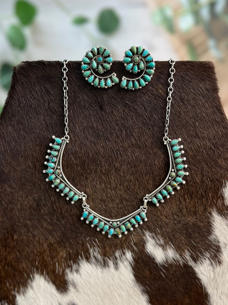 Handmade Sterling Silver Kingman Turquoise Necklace and Earrings Set Signed Nizhoni