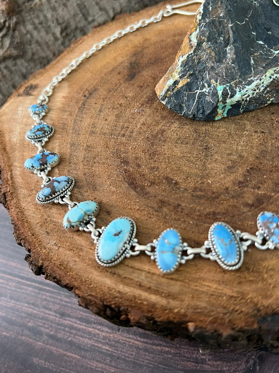 Handmade Sterling Silver Golden Hills Turquoise Choker Necklace Signed Nizhoni