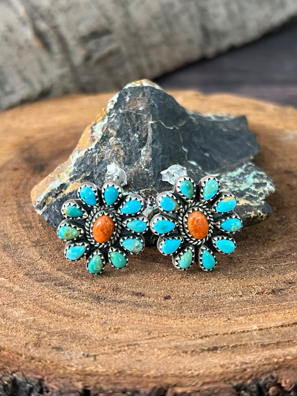 Handmade Sterling Silver Kingman Turquoise with Orange Mojave Post Studs Earrings Signed Nizhoni