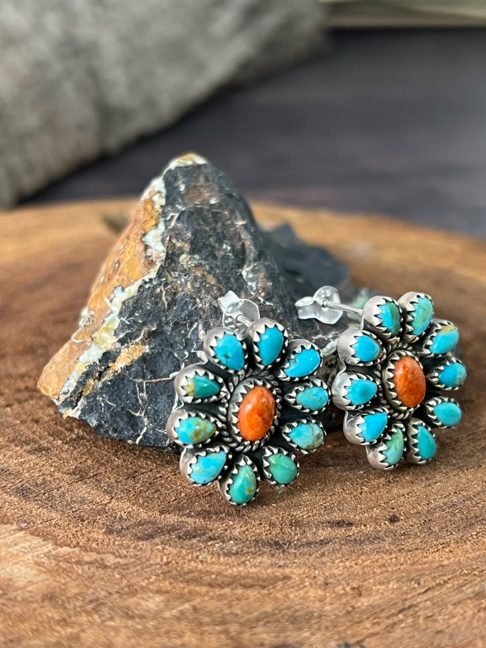 Handmade Sterling Silver Kingman Turquoise with Orange Mojave Post Studs Earrings Signed Nizhoni
