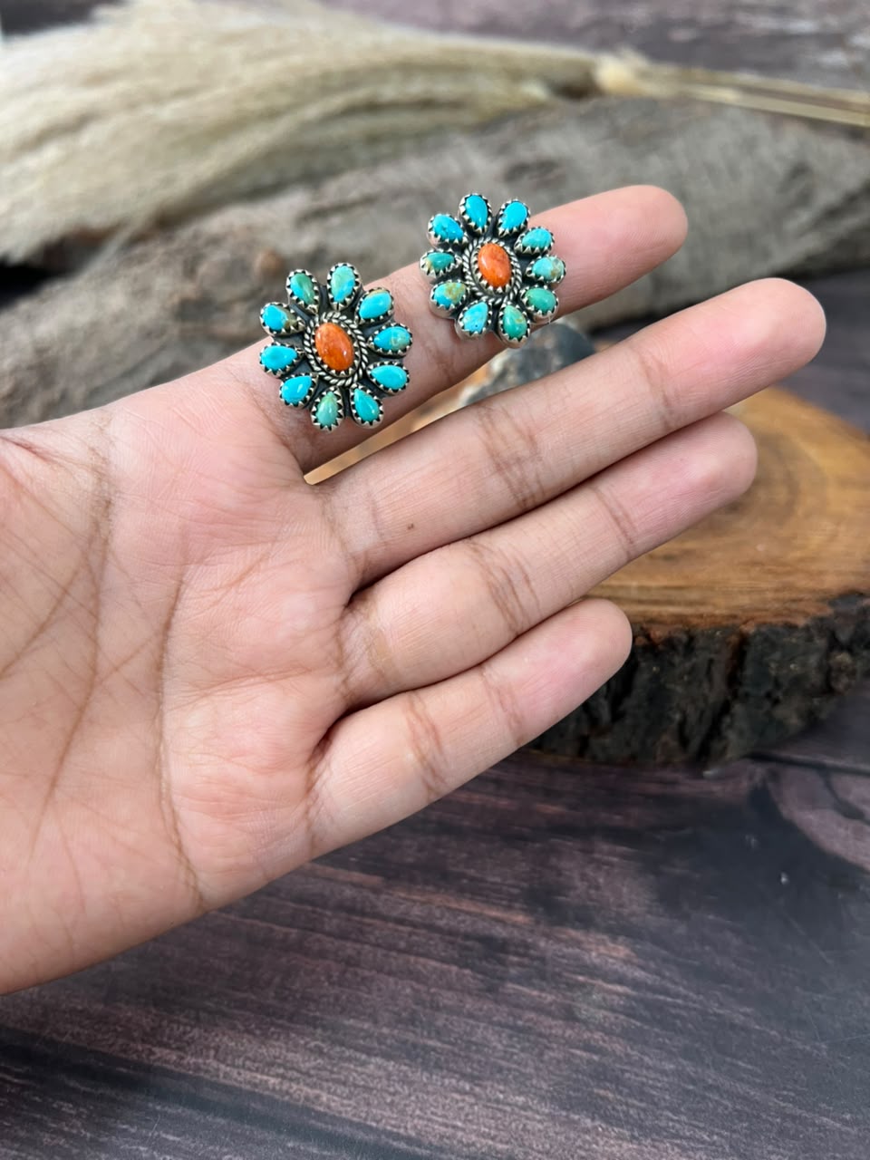 Handmade Sterling Silver Kingman Turquoise with Orange Mojave Post Studs Earrings Signed Nizhoni