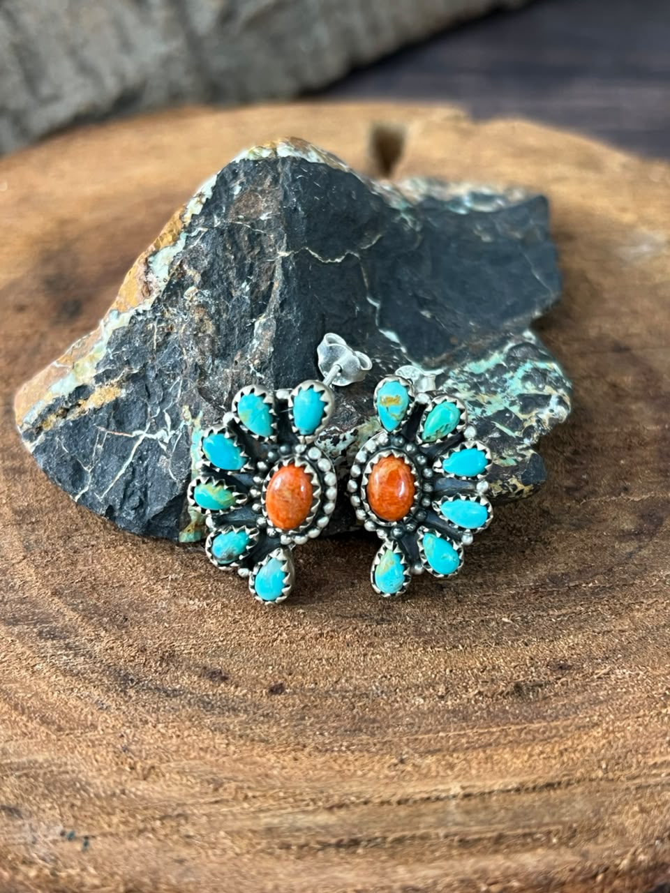 Handmade Sterling Silver Kingman Turquoise with Orange Mojave Post Studs Earrings Signed Nizhoni