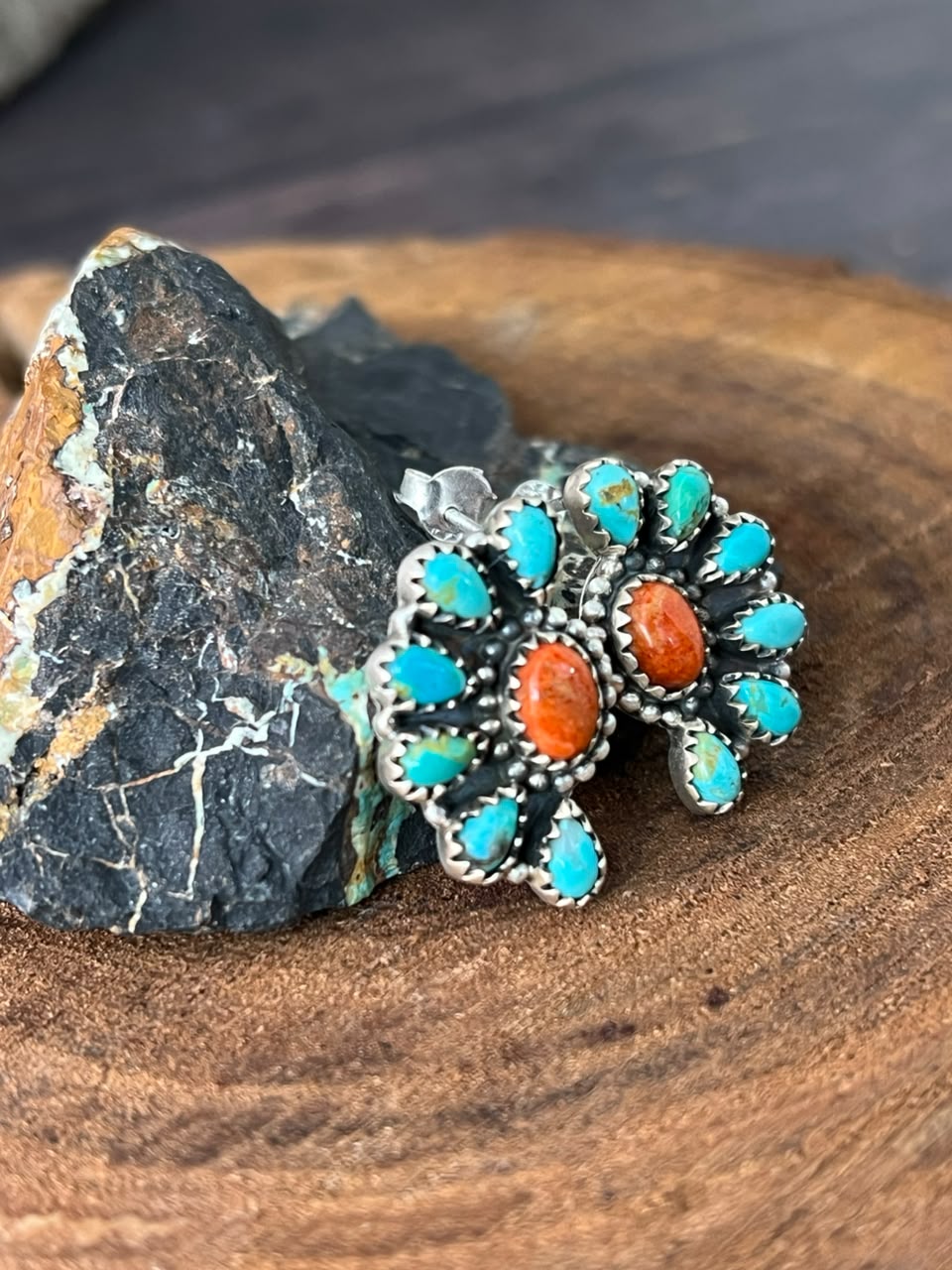 Handmade Sterling Silver Kingman Turquoise with Orange Mojave Post Studs Earrings Signed Nizhoni