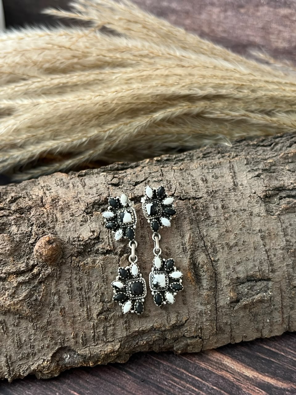 Handmade Sterling Silver White Buffalo Post Dangle Earrings Signed Nizhoni