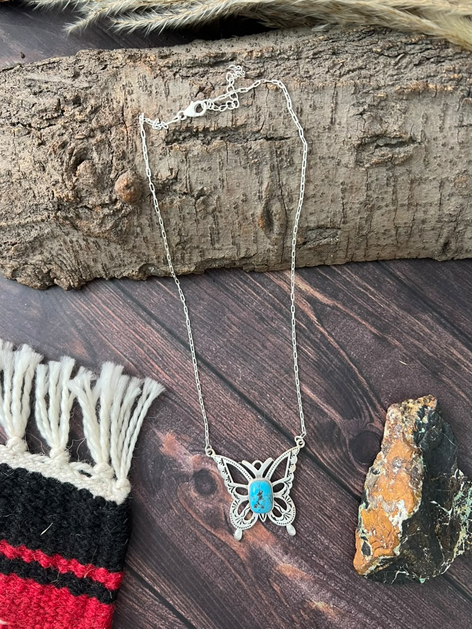 Handmade Sterling Silver Kingman Turquoise Butterfly Necklace Signed Nizhoni