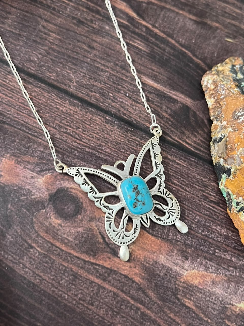 Handmade Sterling Silver Kingman Turquoise Butterfly Necklace Signed Nizhoni