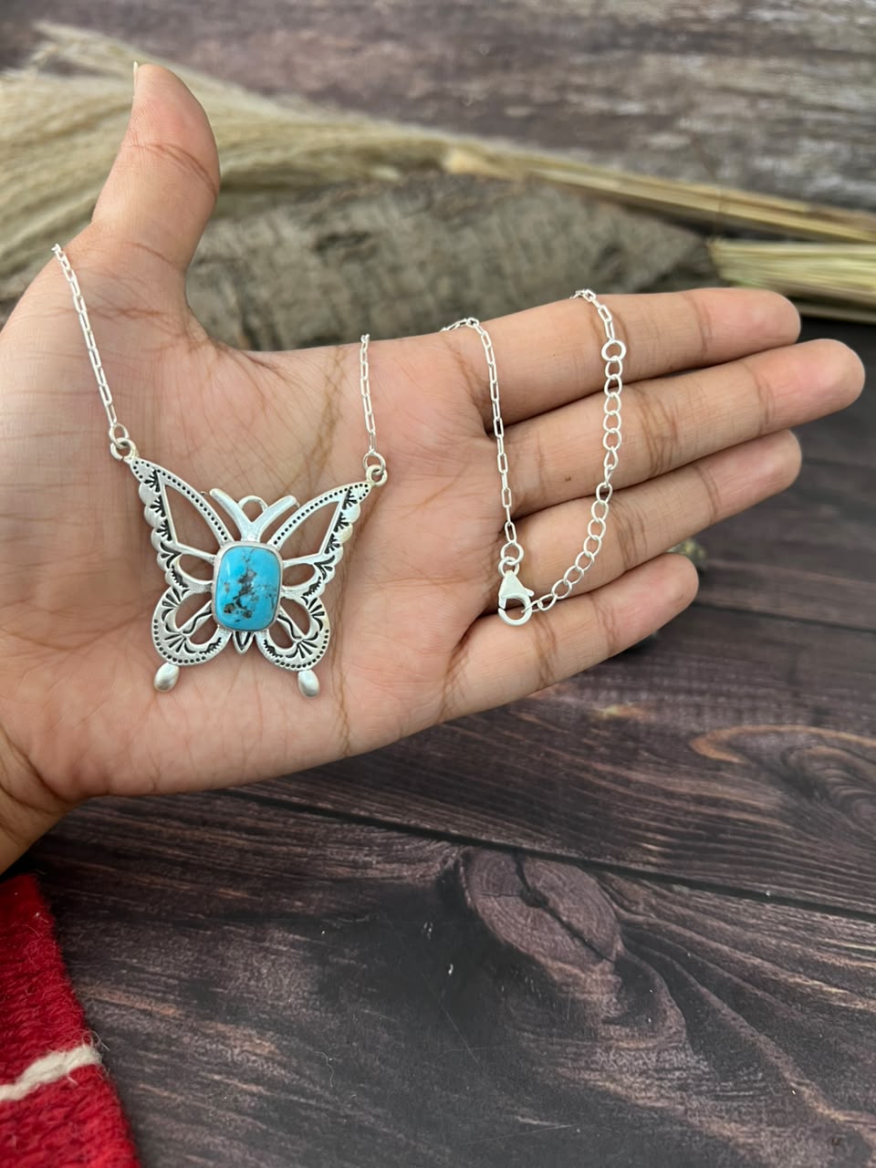 Handmade Sterling Silver Kingman Turquoise Butterfly Necklace Signed Nizhoni