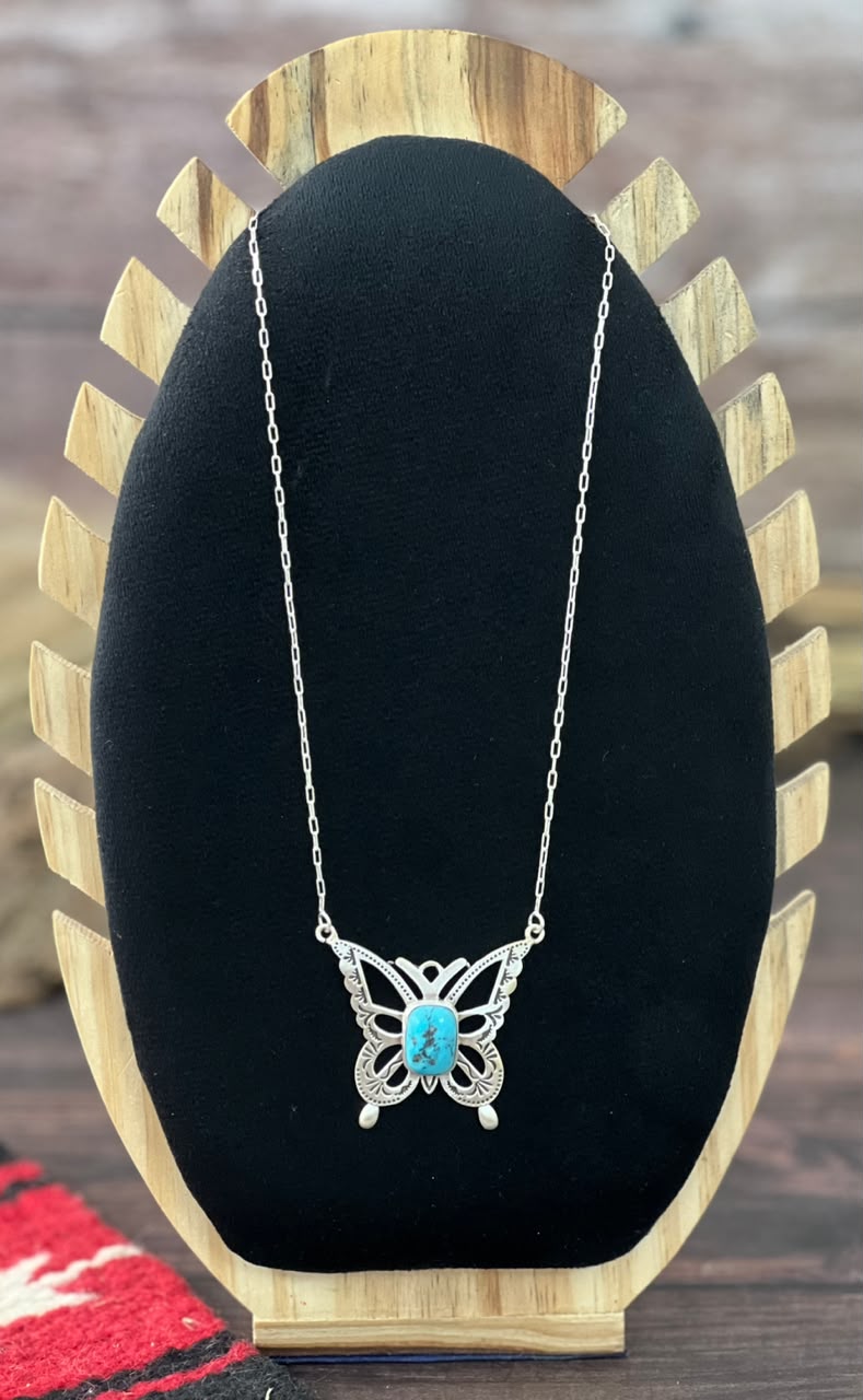 Handmade Sterling Silver Kingman Turquoise Butterfly Necklace Signed Nizhoni